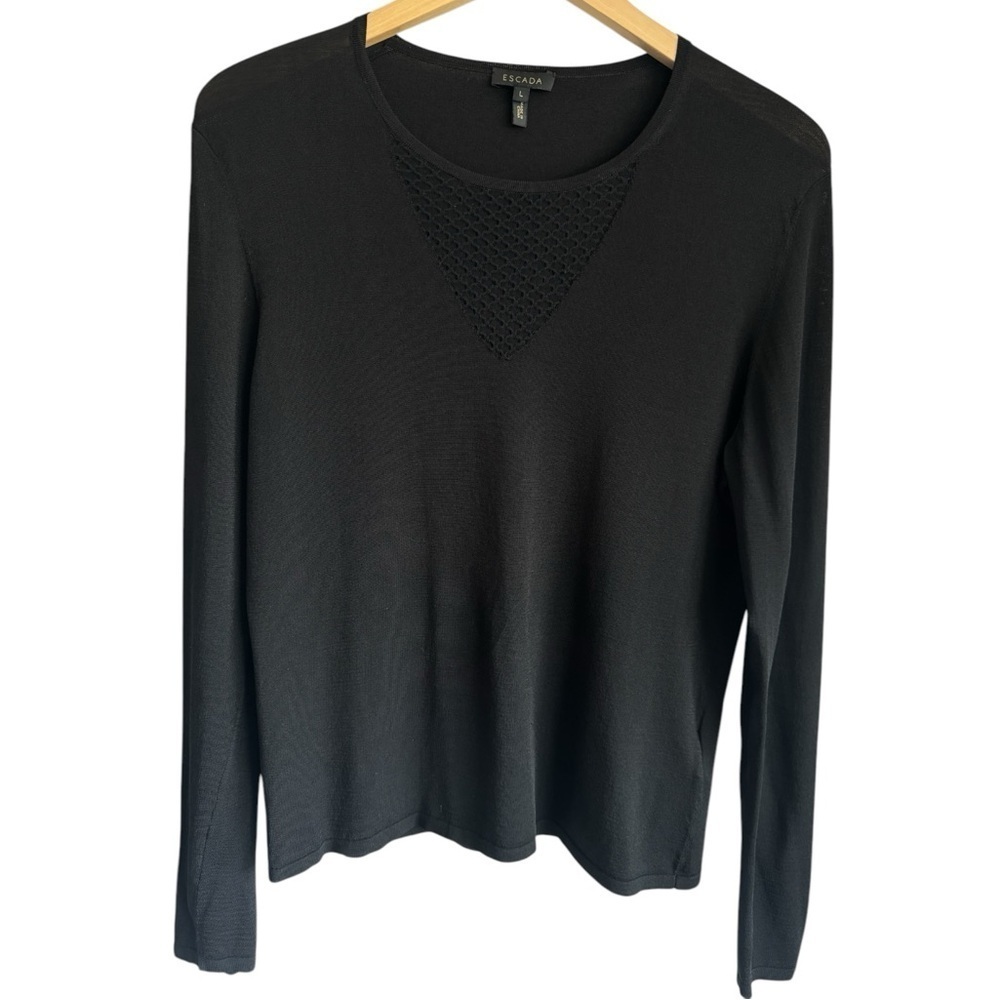 ESCADA Black Knit Sweater | Long Sleeve Cotton Blend Pullover Top | Large